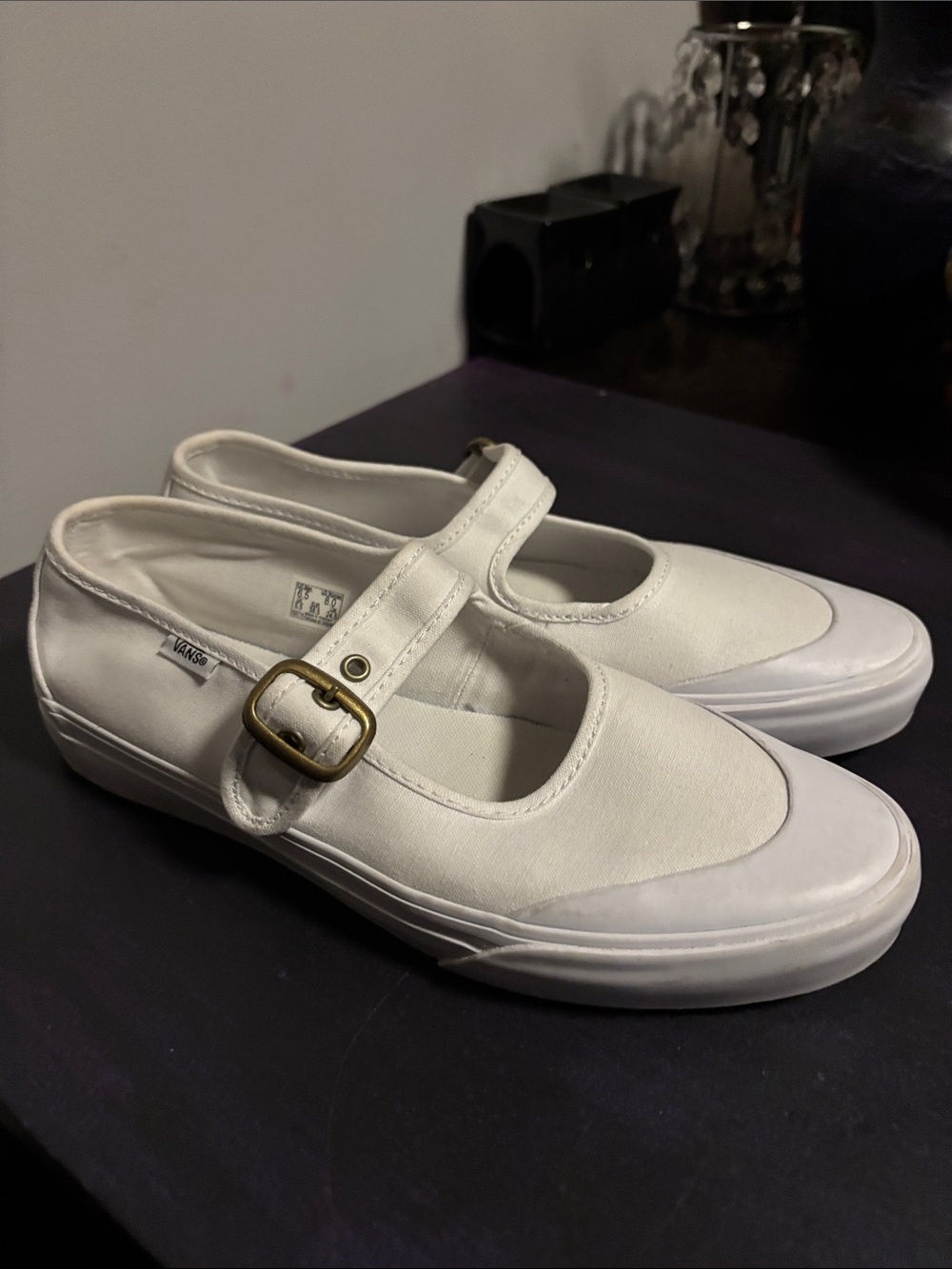 Vans White Mary Jane Canvas Flats with Brass Buckle